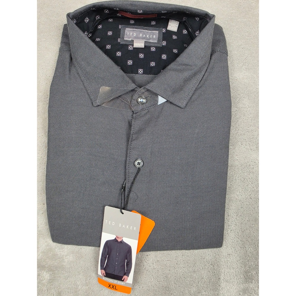 Ted Baker Button Up Shirt Mens XXL Black Herringbone Long Sleeve 1072429